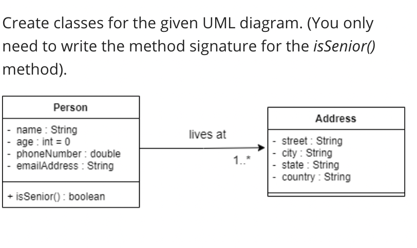 Create Classes For The Given Uml Diagram You Only Need To Write The Method Signature For The Issenior Method Perso 1