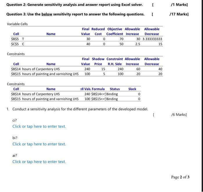 Question 2 Generate Sensitivity Analysis And Answer Report Using Excel Solver Question 3 Use The Below Sensitivity Re 1