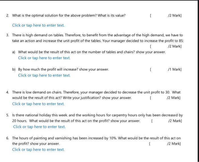 2 What Is The Optimal Solution For The Above Problem What Is Its Value 12 Mark Click Or Tap Here To Enter Text 3 T 1