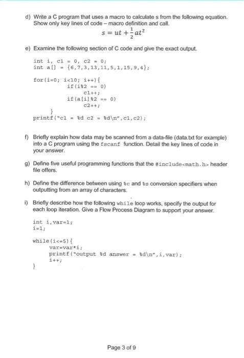 D Write A C Program That Uses A Macro To Calculates From The Following Equation Show Only Key Lines Of Code Macro De 1