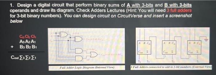 1 Design A Digital Circuit That Perform Binary Sums Of A With 3 Bits And B With 3 Bits Operands And Draw Its Diagram C 1