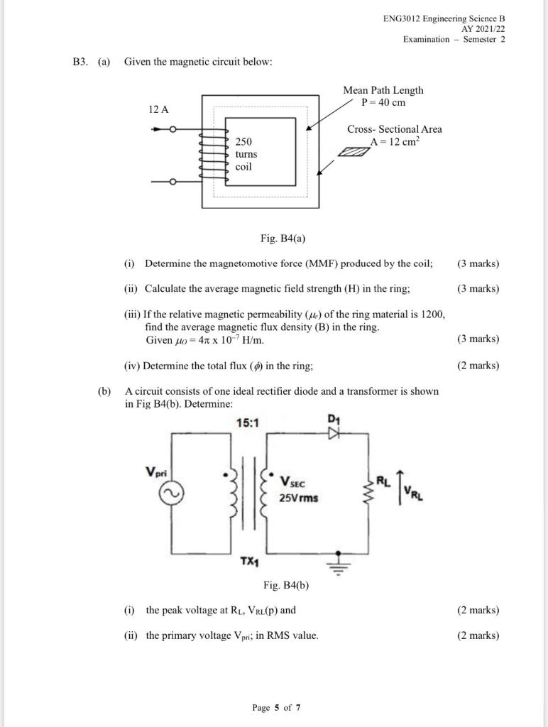 Eng3012 Engineering Science B Ay 2021 22 Examination Semester 2 B3 A Given The Magnetic Circuit Below Mean Path Le 1