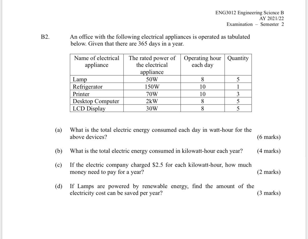 Eng3012 Engineering Science B Ay 2021 22 Examination Semester 2 B2 An Office With The Following Electrical Appliances I 1