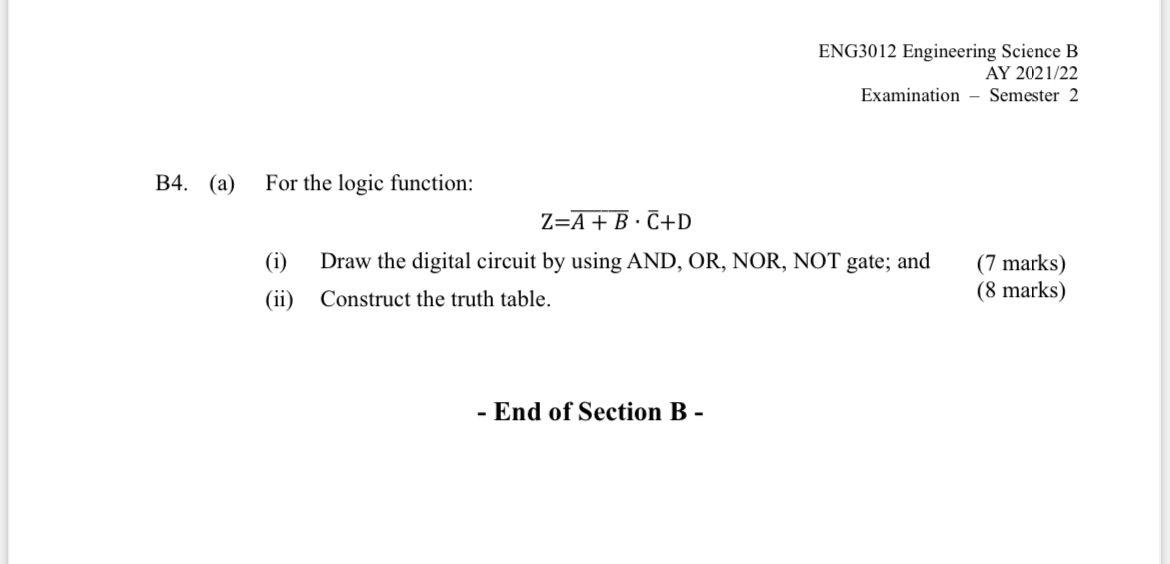 Eng3012 Engineering Science B Ay 2021 22 Examination Semester 2 B4 A For The Logic Function Z A B C D I Draw The 1