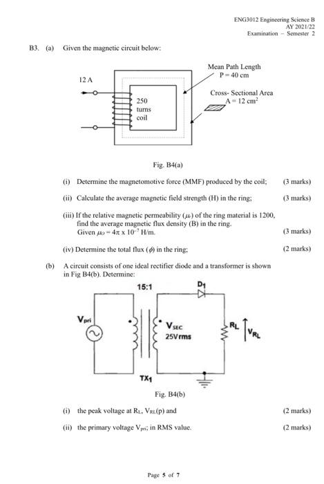 Eng3012 Engineering Science B Ay 2021 22 Examination Semester 2 B3 A Given The Magnetic Circuit Below Mean Path Le 1