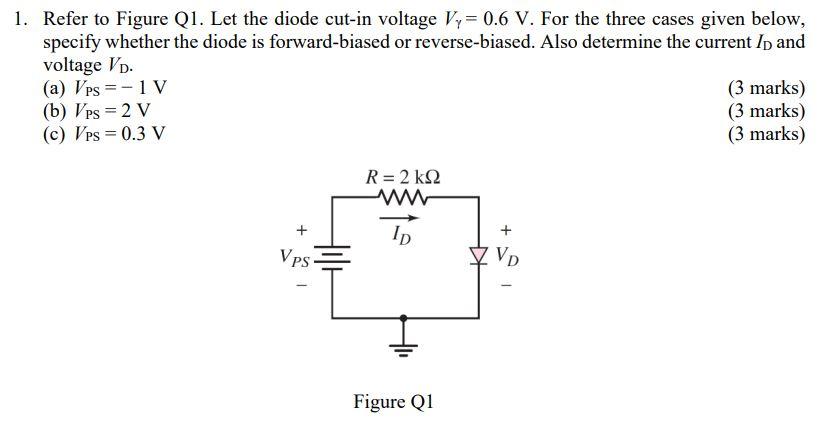 1 Refer To Figure Q1 Let The Diode Cut In Voltage V 0 6 V For The Three Cases Given Below Specify Whether The Diod 1