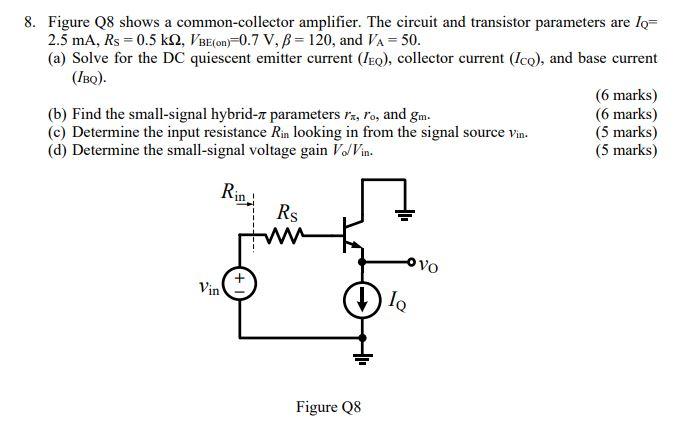 8 Figure Q8 Shows A Common Collector Amplifier The Circuit And Transistor Parameters Are Lo 2 5 Ma Rs 0 5 K 2 Vbe 1