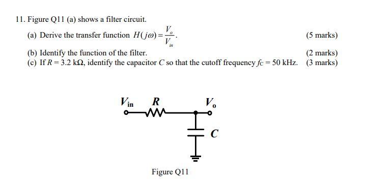 11 Figure Q11 A Shows A Filter Circuit V A Derive The Transfer Function H Jo 5 Marks V 6 Identify The Functio 1
