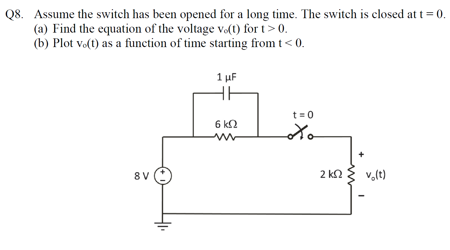 Q8 Assume The Switch Has Been Opened For A Long Time The Switch Is Closed At T 0 A Find The Equation Of The Volta 1
