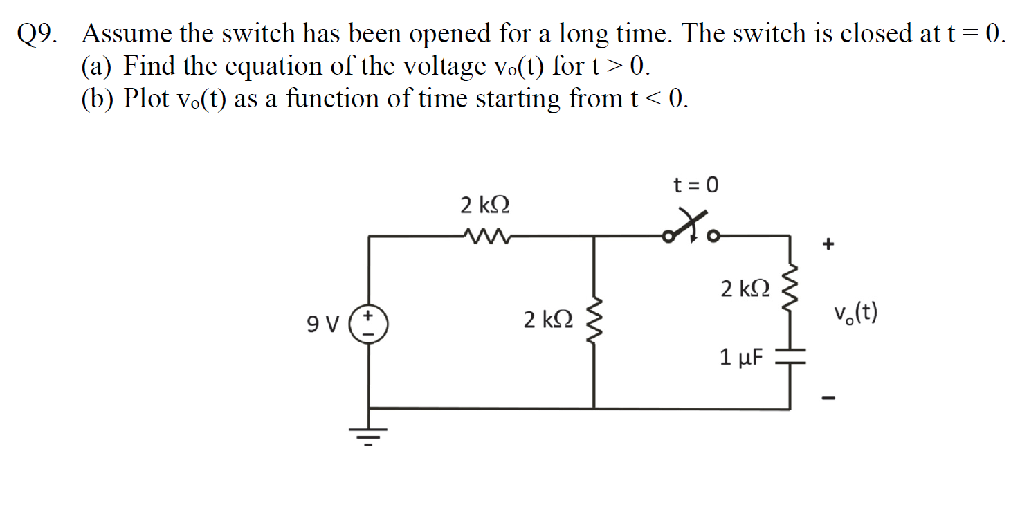 Q9 Assume The Switch Has Been Opened For A Long Time The Switch Is Closed At T 0 A Find The Equation Of The Volta 1