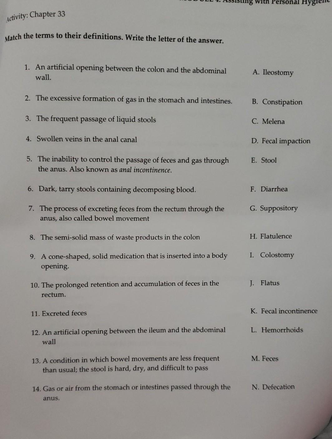 Ng With Personal Hygie Activity Chapter 33 Match The Terms To Their Definitions Write The Letter Of The Answer 1 An 1