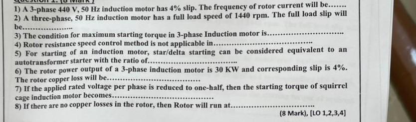 1 A 3 Phase 440 V 50 Hz Induction Motor Has 4 Slip The Frequency Of Rotor Current Will Be 2 A Three Phase 5 1