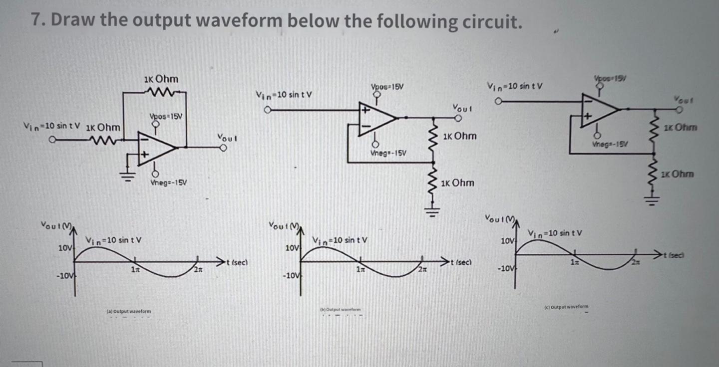 7 Draw The Output Waveform Below The Following Circuit 16 Ohm Vpos 191 Vpos 15v Vin 10 Sin Tv O Vin 10 Sin Tv O Vout V 1