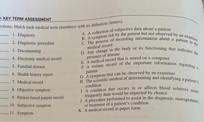 Medical Record Presence Of Disease Key Term Assessment Ections Match Each Medical Term Numbers With Its Definition L 1