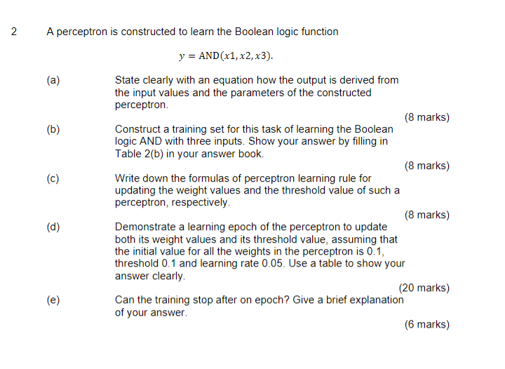 N 2 B A Perceptron Is Constructed To Learn The Boolean Logic Function Y And X1 X2 X3 A State Clearly With An E 1