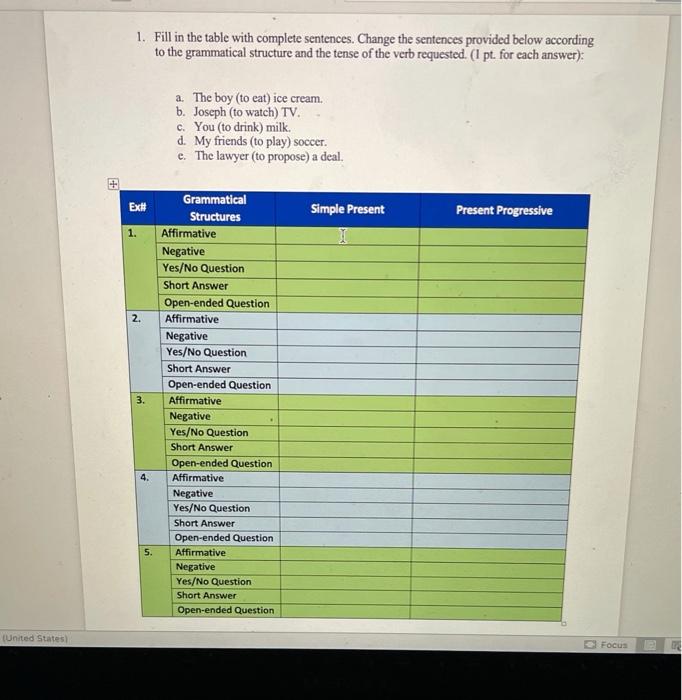 1 Fill In The Table With Complete Sentences Change The Sentences Provided Below According To The Grammatical Structure 1
