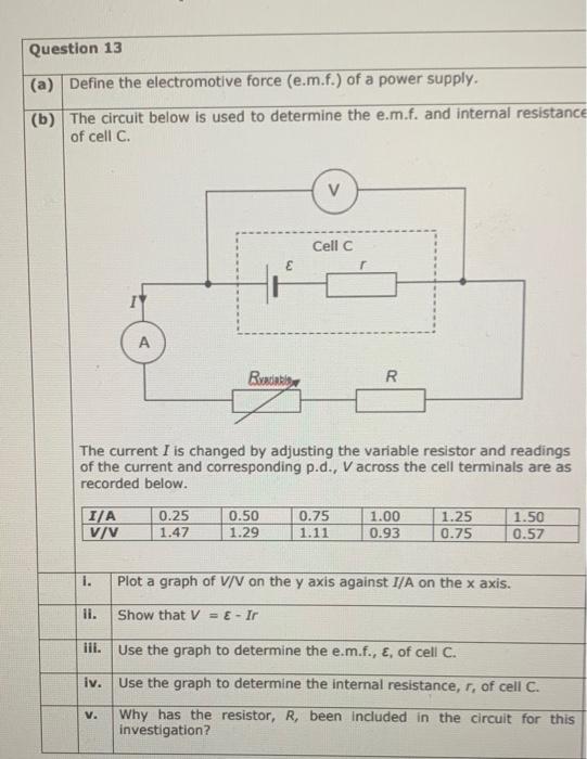 Question 13 A Define The Electromotive Force E M F Of A Power Supply B The Circuit Below Is Used To Determine Th 1