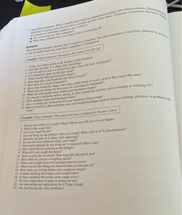 Of Direct Questions To Ask The Patient To Obtain The Necessary Information For The Symptoms Presented In The Complaint T 1