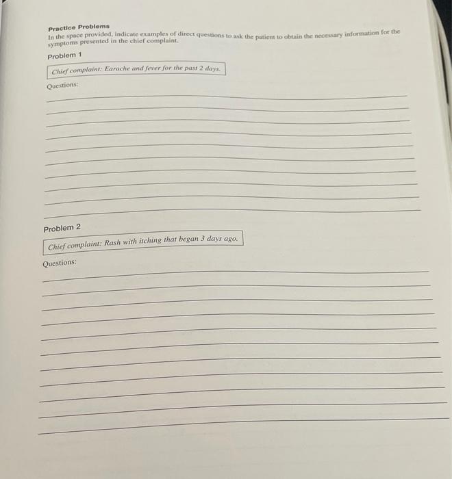 Of Direct Questions To Ask The Patient To Obtain The Necessary Information For The Symptoms Presented In The Complaint T 2