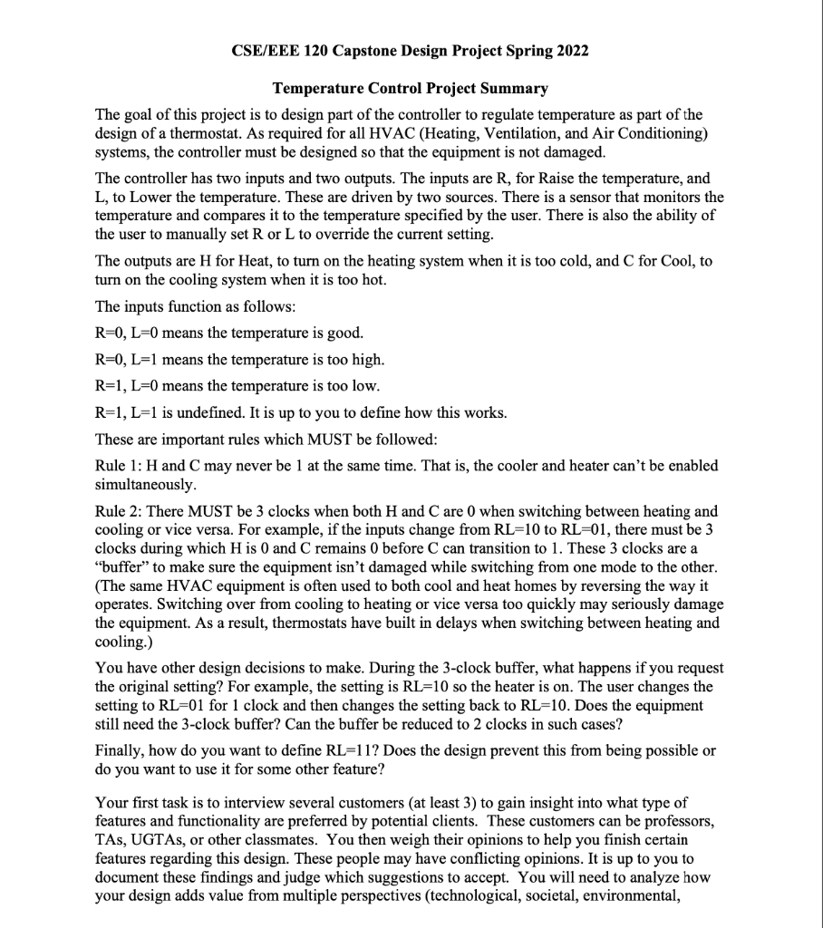 Cse Eee 120 Capstone Design Project Spring 2022 Temperature Control Project Summary The Goal Of This Project Is To Desig 1