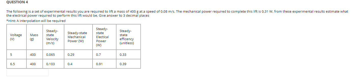 Question 4 The Following Is A Set Of Experimental Results You Are Required To Lift A Mass Of 400 G At A Speed Of 0 08 M 1
