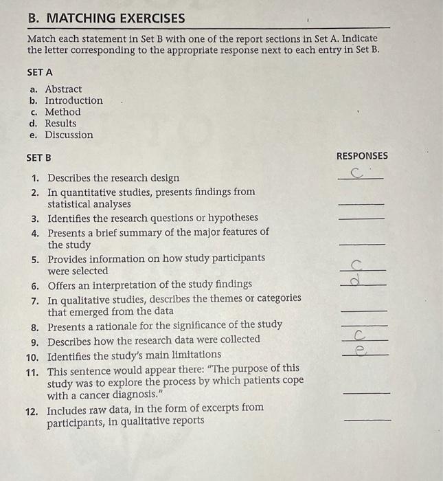 B Matching Exercises Match Each Statement In Set B With One Of The Report Sections In Set A Indicate The Letter Corres 1