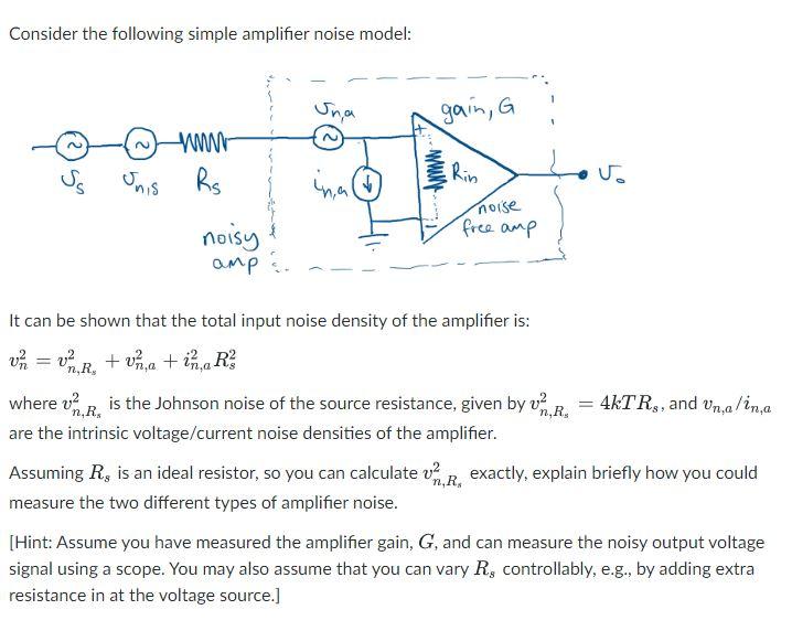 Consider The Following Simple Amplifier Noise Model Sna Gain G Www Rs Ss Rin Onis Wwiny Ina Noisy Noise Free Amp A 1