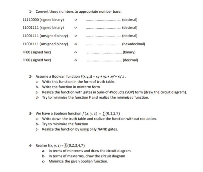 1 Convert These Numbers To Appropriate Number Base 11110000 Signed Binary Decimal 11001111 Signed Binary 1