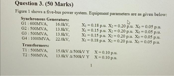 Question 3 50 Marks Figure 1 Shows A Five Bus Power System Equipment Parameters Are As Given Below Synchronous Gene 1