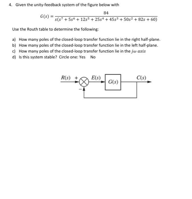 4 Given The Unity Feedback System Of The Figure Below With 84 G S S S 596 1255 25s 45s3 50s2 82s 60 U 2
