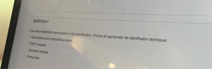 Questions Fyou Want Stakeroider Participation In Risk Identification Choose All Appropriate Risk Identification Techniq 1
