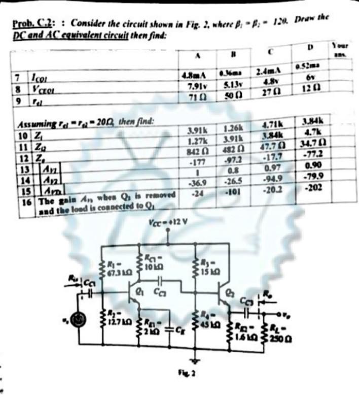 Prob C 2 Consider The Circuit Shown In Fig 2 Where P B 120 Deww The Dc And Ac Couivalent Circuit Then Find 1