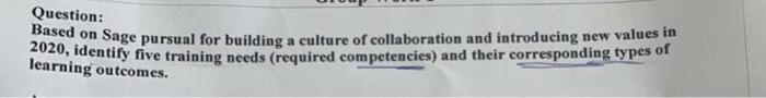 Question Based On Sage Pursual For Building A Culture Of Collaboration And Introducing New Values In 2020 Identify Fiv 1