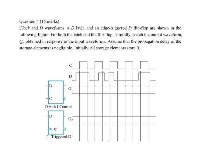 Question 4 16 Marks Clock And D Waveforms A D Latch And An Edge Triggered D Flip Flop Are Shown In The Following Figu 1