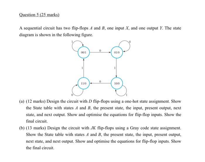 Question 5 25 Marks A Sequential Circuit Has Two Flip Flops A And B One Input X And One Output Y The State Diagram 1