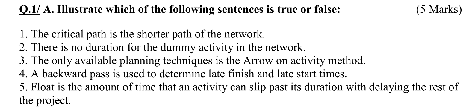 Q 1 A Illustrate Which Of The Following Sentences Is True Or False 5 Marks 1 The Critical Path Is The Shorter Path 1