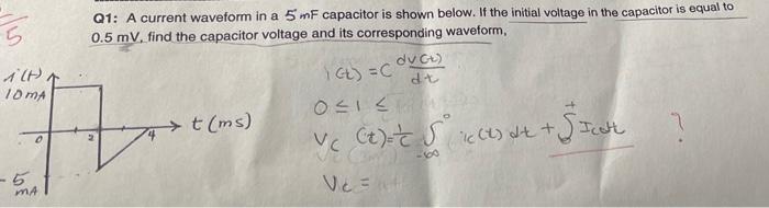 5 Q1 A Current Waveform In A 5 Mf Capacitor Is Shown Below If The Initial Voltage In The Capacitor Is Equal To 0 5 M 1