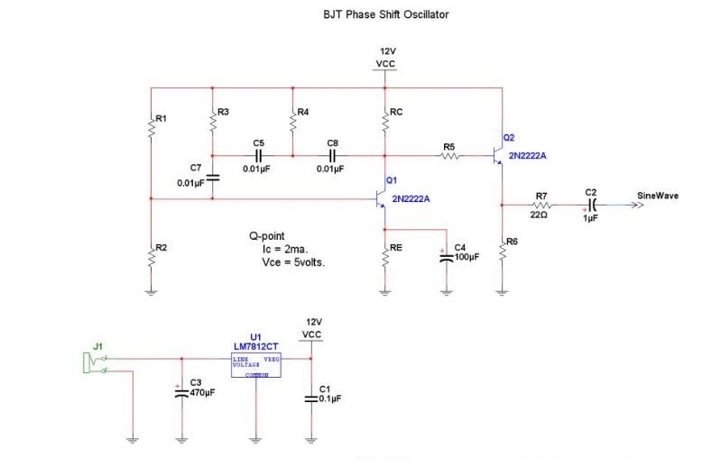 Bjt Phase Shift Oscillator 12v Vcc R3 R4 Rc R1 W W W 02 C8 R5 C5 He 0 01f 2n2222a C7 He 0 01mf 0 019f Q1 2n2222a R7 W Si 1