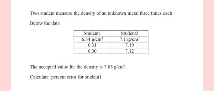 Two Student Measure The Density Of An Unknown Metal Three Times Each Below The Data Studenti Student2 6 34 G Cm 7 11g Cm 1