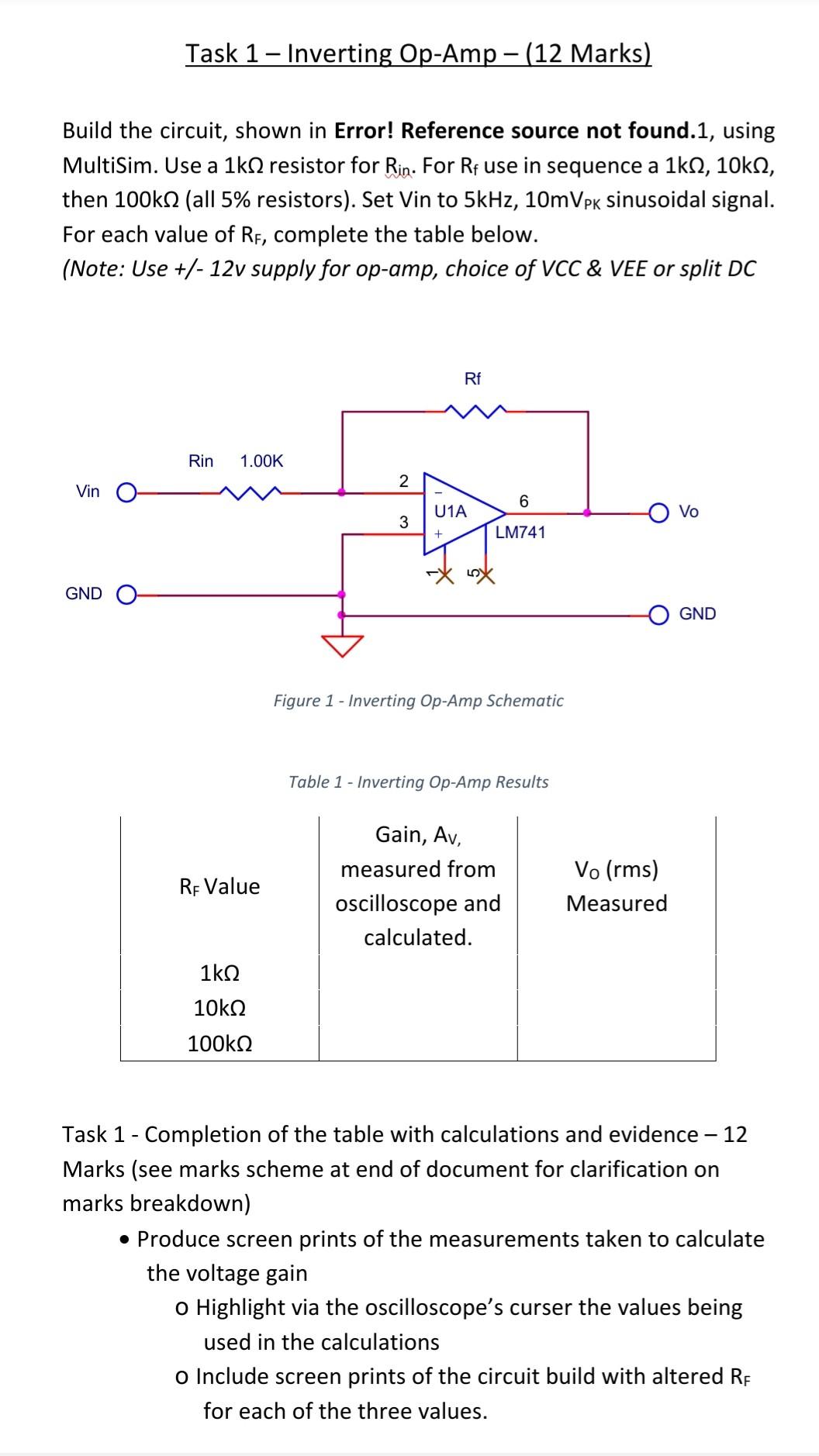 Task 1 Inverting Op Amp 12 Marks Build The Circuit Shown In Error Reference Source Not Found 1 Using Multisim 1
