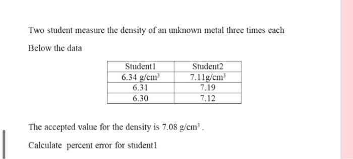 Two Student Measure The Density Of An Unknown Metal Three Times Each Below The Data Student1 6 34 G Cm 6 31 6 30 Student 1