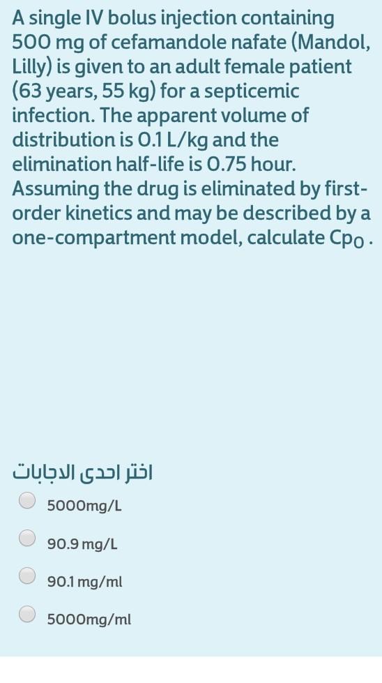 A Single Iv Bolus Injection Containing 500 Mg Of Cefamandole Nafate Mandol Lilly Is Given To An Adult Female Patient 1