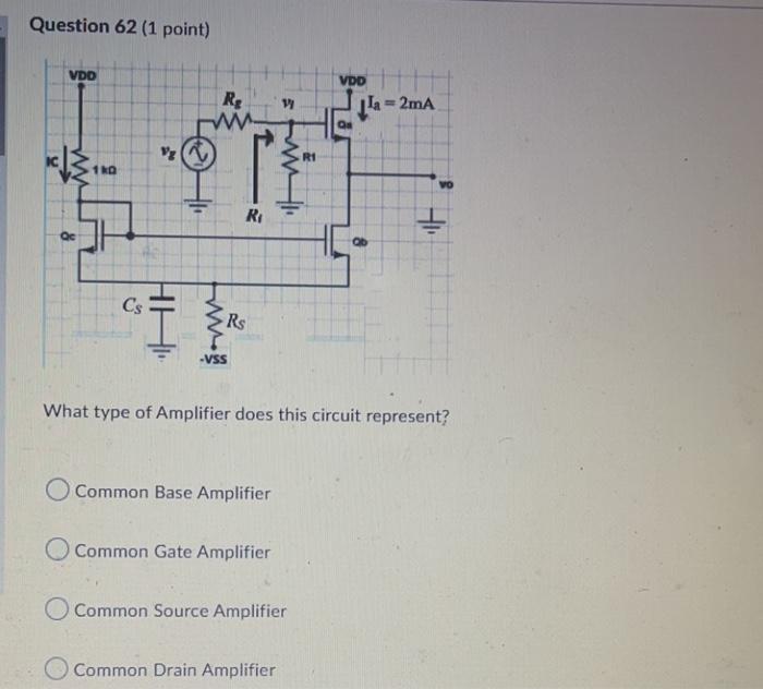 Question 62 1 Point Vdo Vdd Rg Ww 2 W 2ma Os Q Ve 1 Ra Qc Cs Hhi Rs W Vss What Type Of Amplifier Does This Circuit 1