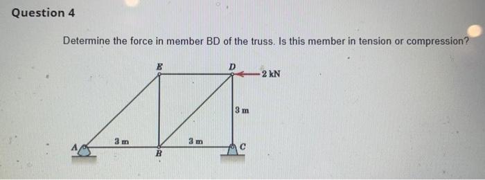 Question 4 Determine The Force In Member Bd Of The Truss Is This Member In Tension Or Compression 2 Kn 3 M 3 M 3 M B 1
