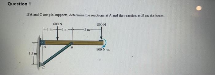 Question 1 If A And C Are Pin Supports Determine The Reactions At A And The Reaction At B On The Beam 800 N 600 N 1 M 1