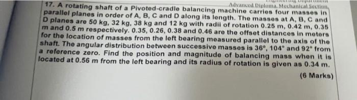 Advanced Diploma Mechanical Section 17 A Rotating Shaft Of A Pivoted Cradle Balancing Machine Carrios Four Masses I 1