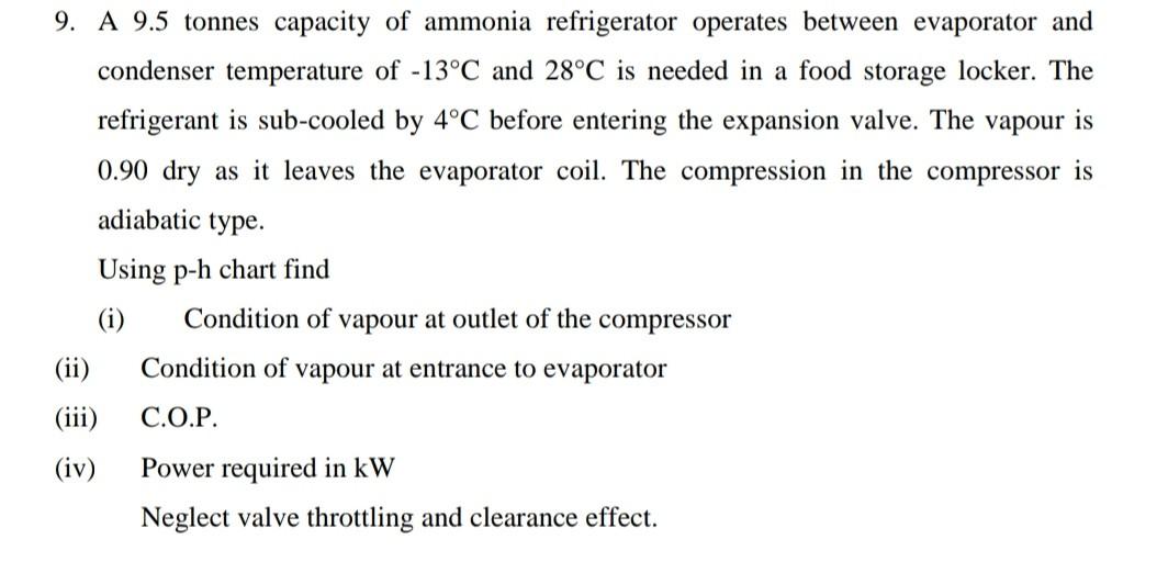 9 A 9 5 Tonnes Capacity Of Ammonia Refrigerator Operates Between Evaporator And Condenser Temperature Of 13 C And 28 C 1