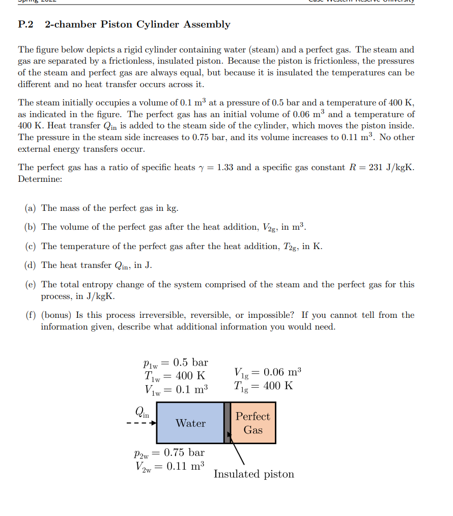 P 2 2 Chamber Piston Cylinder Assembly The Figure Below Depicts A Rigid Cylinder Containing Water Steam And A Perfect 1