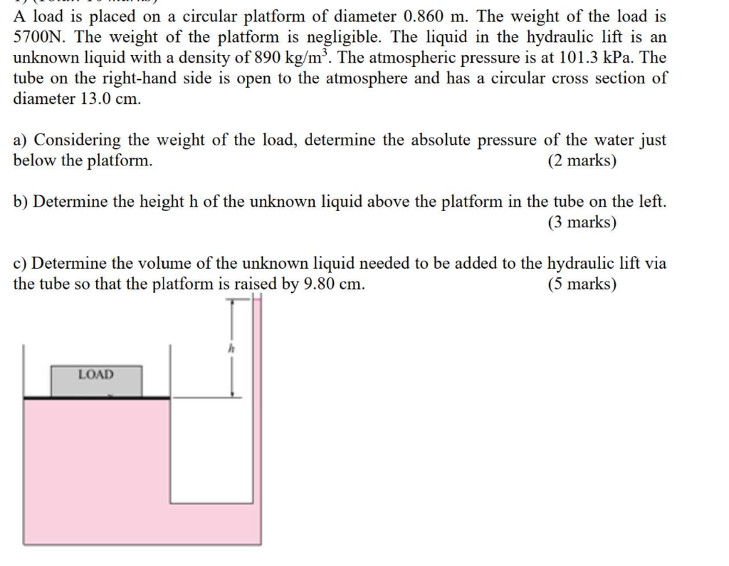 A Load Is Placed On A Circular Platform Of Diameter 0 860 M The Weight Of The Load Is 5700n The Weight Of The Platform 1