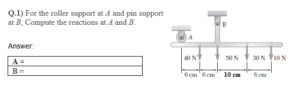 Q 1 For The Roller Support At A And Pin Support At B Compute The Reactions At A And B Ob A Answer 40 N 50 N 30 N 10 1